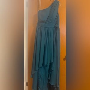 A-Line One Shoulder Chiffon Asymmetrical Dress in the color Peacock.